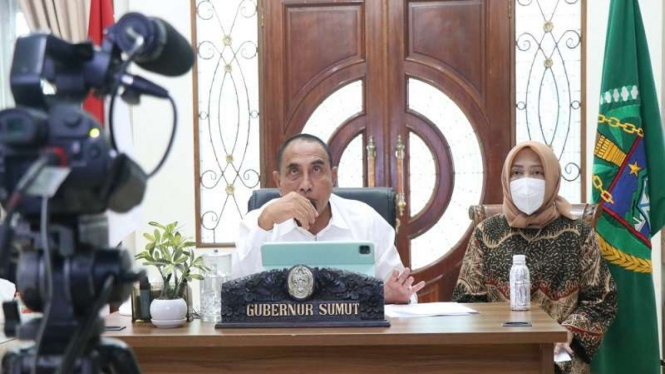 Gubernur Sumut Edy Rahmayadi saat rapat virtual dengan Menko Airlangga