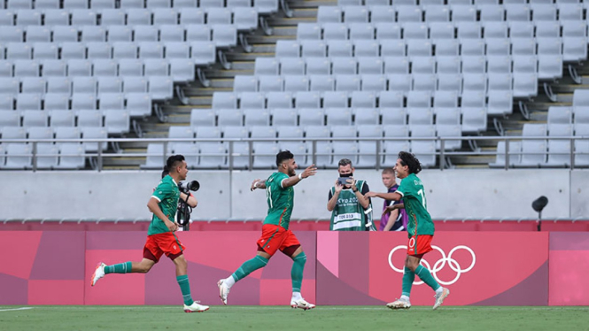 Selebrasi pemain Meksiko U-23 usai bobol gawang Prancis U-23 di Olimpiade Tokyo