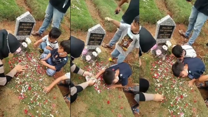 Terharu, Dua Anak Ini Sapa Mamanya di Kuburan (Instagram/makassar_iinfo)