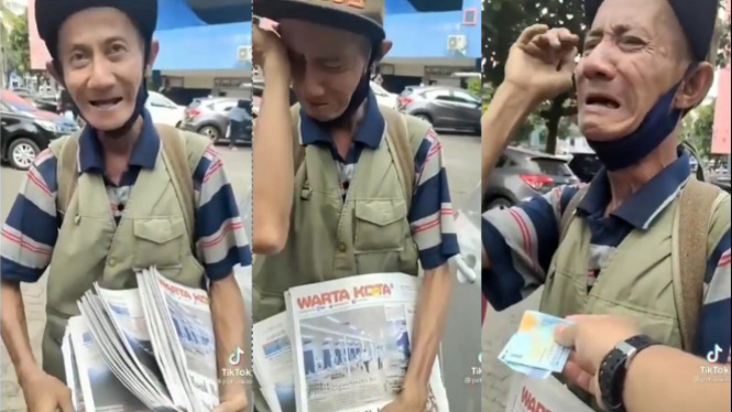 Viral Pak Tua Tukang Koran Menangis saat Diberi Uang (TikTok/petruskini)