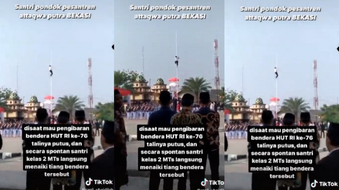 Santri Panjat Tiang Bendera HUT RI lantaran Talinya Putus (TikTok/rapli_ubaidillah)