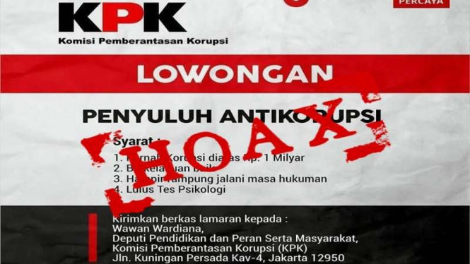 KPK menyatakan lowongan koruptor sebagai penyuluh antikorupsi hoax