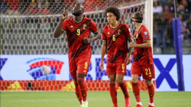 Pemain timnas Belgia merayakan gol Romelu Lukaku Pemain timnas Belgia merayakan gol Romelu Lukaku