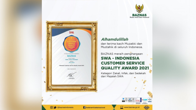 BAZNAS meraih penghargaan Indonesia Customer Service Quality Award