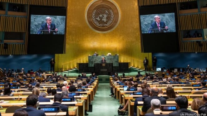 El Secretario General de la ONU, António Guterres, habla en la Asamblea General de la ONU en Nueva York.