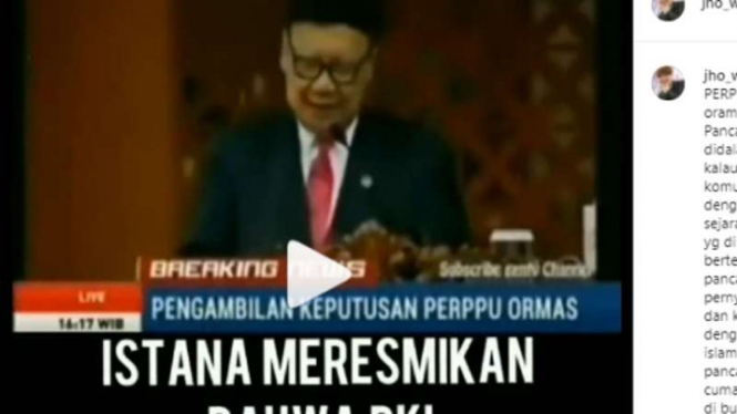 Potongan video yang menampilkan Menteri Dalam Negeri Tjahjo Kumolo sedang berpidato disertai narasi yang mengklaim bahwa Istana meresmikan PKI dibolehkan di Indonesia.