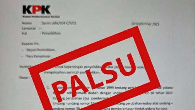 Surat penyelidikan KPK palsu.