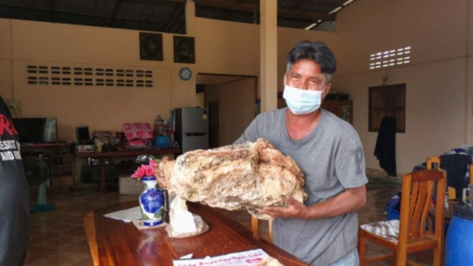 Nelayan Thailand, Narong Phetcharaj, menemukan muntahan paus sperma. 