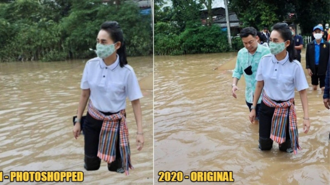 Foto editan Wakil Menteri Pendidikan Thailand, Kanokwan Wilawan, sedang meninjau banjir.
