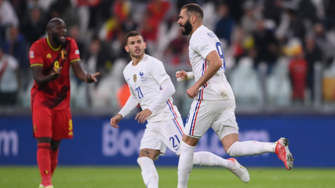 Karim Benzema mencetak gol di laga Prancis vs Belgia