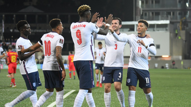 Pemain Timnas Inggris rayakan gol ke gawang Andorra