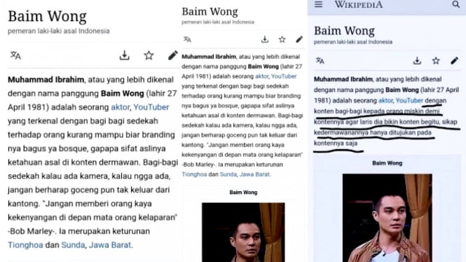 Tampilan profil Baim Wong di laman Wikipedia berbahasa Indonesia