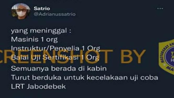 Tangkapan layar (screenshot) akun Facebook yang mengunggah tulisan dengan klaim bahwa ada beberapa korban meninggal dunia dalam peristiwa kecelakaan kereta LRT Jabodetabek di Jakarta.