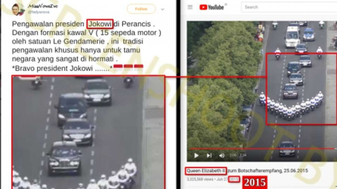 Tangkapan layar (screenshot) sebuah akun media sosial yang mengunggah foto konvoi kendaraan dan pasukan pengawal yang diklaim sebagai pengawal khusus Preside Joko Widodo selama kunjungan kenegaraan di Perancis.