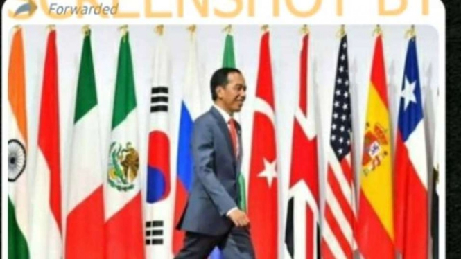 Tangkapan layar (screenshot) sebuah akun media sosial yang menampilkan foto Presiden Joko Widodo dengan keterangan bahwa Indonesia terpilih menjadi Presiden G-20 adalah karena Indonesia dianggap berhasil mengendalikan ekonomi saat pandemi COVID-19.