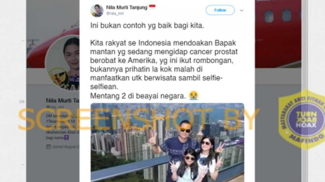 Tangkapan layar sebuah akun Twitter mengunggah foto AHY bersama istri dan putrinya yang diklaim bahwa mereka sedang berwisata saat ayah AHY, Susilo Bambang Yudhoyono (SBY), menjalani pengobatan untuk penyakit kanker prostatnya di Amerika Serikat.