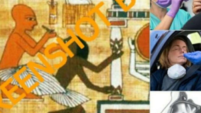 Tangkapan layar (screenshot) sebuah akun Twitter yang mengunggah gambar yang diklaim sebagai praktik 'tes swab' ala zaman Mesir Kuno untuk membuat para budak menjadi lebih patuh.