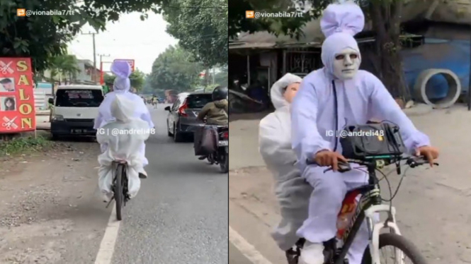 Viral 'Pocong' Naik Sepeda di Siang Hari