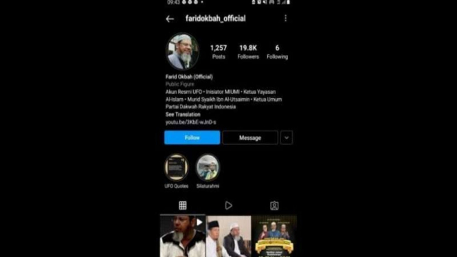 Tangkapan layar instagram Farid Ahmad Okbah, yang ditangkap Densus 88