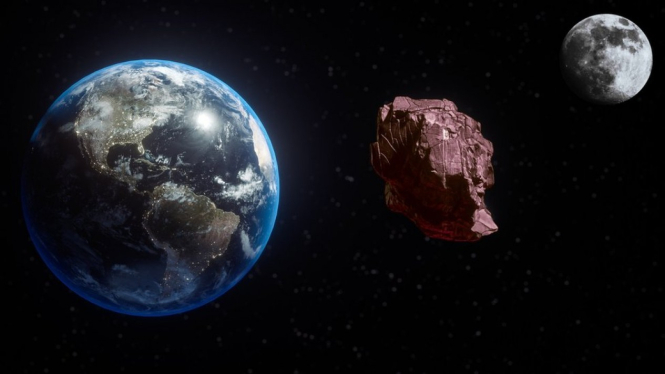 Bumi, Asteroid Merah Kamo`oalewa, dan Bulan.