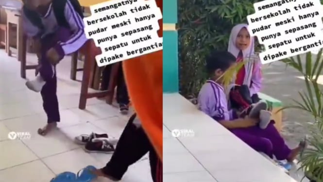 Viral Kakak Adik Bergantian Pakai Sepatu demi Sekolah