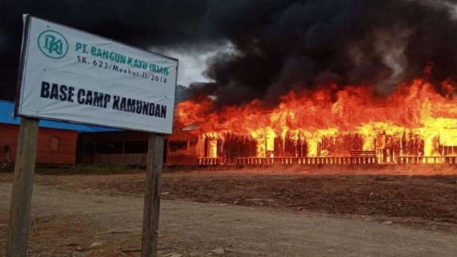 Bangunan basecamp PT. Bangun Kayu Irian (BKI) di Kabupaten Maybrat, Papua Barat, kebakaran hebat setelah dibakar oleh oknum bekas karyawan yang dipecat, 1 Desember 2021.