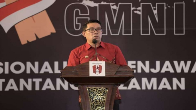 Gubernur Jawa Barat Ridwan Kamil saat menghadiri Kongres Persatuan Alumni GMNI di Hotel Trans Luxury, Kota Bandung, Senin, 6 Desember 2021.