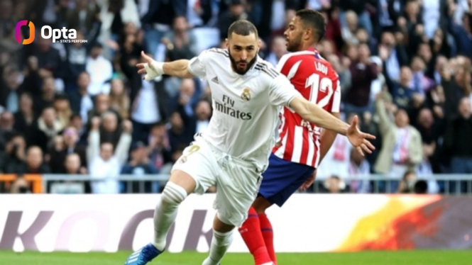 Penyerang Real Madrid, Karim Benzema mencetak go ke gawang Atletico