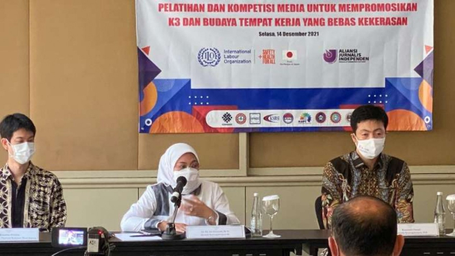 Menteri Ketenagakerjaan Ida Fauziyah di acara konferensi pers soal K3 di Jakarta