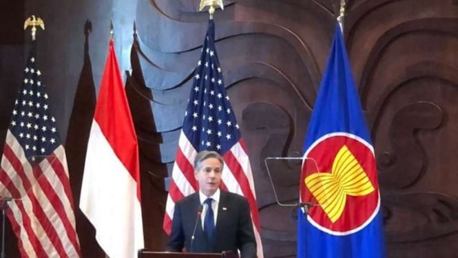 Menteri Luar Negeri Amerika Serikat (Menlu AS) Antony Blinken di Kampus Universitas Indonesia, Depok, Jawa Barat.