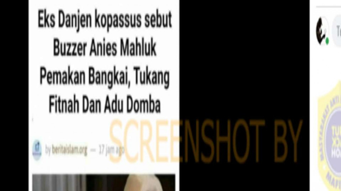 Tangkapan layar (screenshot) akun Facebook yang mengunggah foto sebuah artikel berjudul “Eks Danjen Kopassus Sebut Buzzer Anies Makhluk Pemakan Bangkai, Tukang Fitnah dan Adu Domba”.