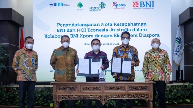 Penandatanganan MoU kerjasama BNI dengan House of Indonesia Econesia atau HOI.