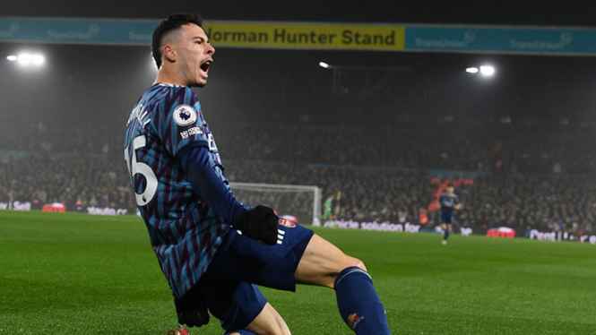 Selebrasi Gabriel Martinelli usai bobol gawang Leeds United