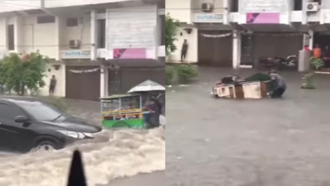 Viral Gerobak Tukang Jualan Terbalik saat Mobil Melintas 