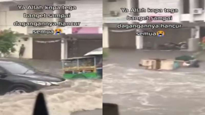 Gerobak jualan jatoh kena ombak banjir akibat mobil lewat