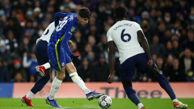 Winger Chelsea, Kai Havertz, saat cetak gol ke gawang Tottenham Hotspur
