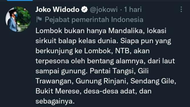 Tangkapan layar (screenshot) unggahan Presiden Joko Widodo dalam akun Twitter-nya tentang sirkuit MotoGP di Mandalika dan destinasi wisata lainnya di Lombok, Nusa Tenggara Barat.