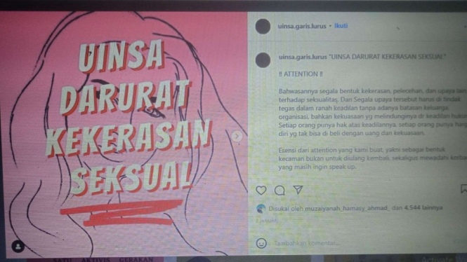 Tampakan layar postingan akun Instagram @uinsa.garis.lurus tentang dugaan pelecehan seksual di Universitas Islam Negeri Sunan Ampel (UINSA) Surabaya, Jawa Timur.