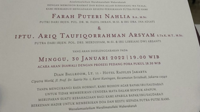 Undangan pernikahan anak Kapolda Metro Jaya Irjen Fadil Imran