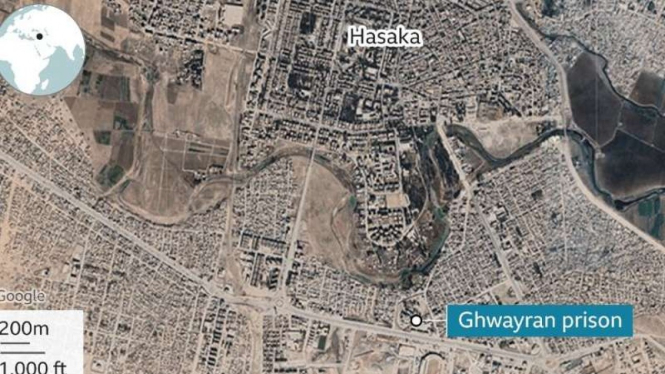 Lokasi Kota Hasaka dan Penjara Ghwayran di Suriah