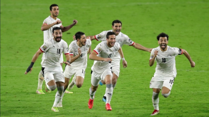 Skuad Timnas Mesir merayakan kelolosan ke final Piala Afrika 2021.