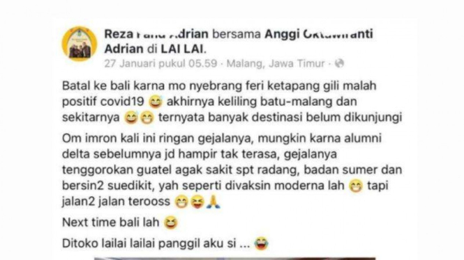 Reza Fahd Adrian mengaku positif COVID19 tapi malah berlibur ke Malang.