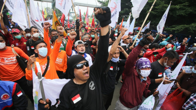 Demo buruh tolak aturan JHT BPJS Ketenagakerjaan. (Foto ilustrasi).