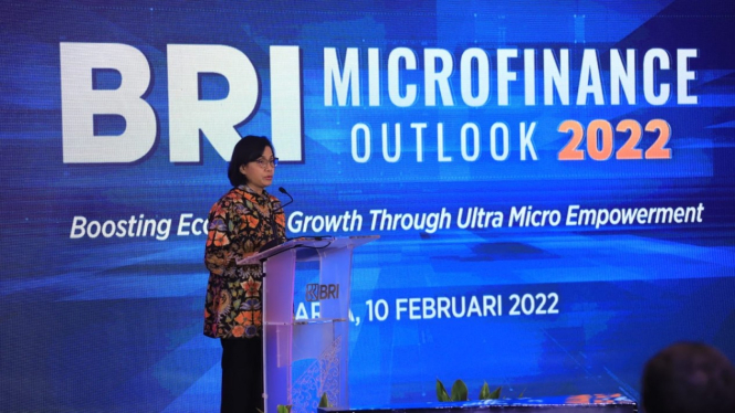 Menteri Keuangan Sri Mulyani dalam acara BRI Microfinance Outlook 2022.
