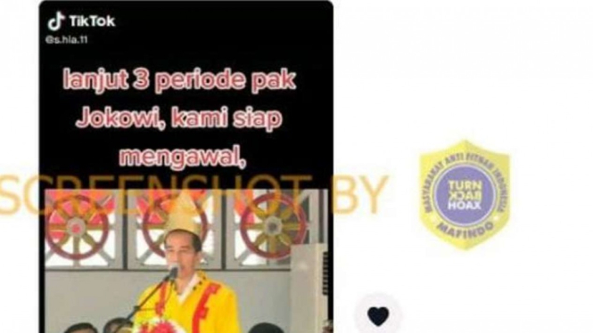 Tangkapan layar (screenshot) akun Tiktok yang mengunggah video yang menampilkan Presiden Joko Widodo (Jokowi) dengan klaim bahwa Jokowi berminat menjadi presiden selama tiga periode.