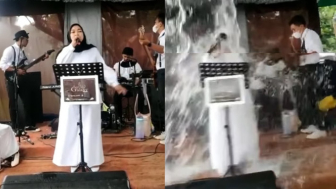 Viral Wanita Kena Guyuran Air saat Pentas Nyanyi  