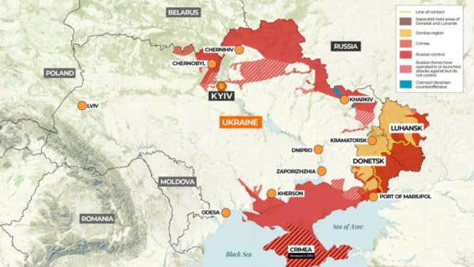 Peta wilayah Ukraina yang dikuasai Rusia (warna merah).