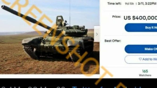 Tangkapan layar (screenshot) sebuah narasi melalui akun Twitter @kelvin_op_ yang mengatakan bahwa warga Ukraina menjual tank bekas Rusia pada situs Ebay.