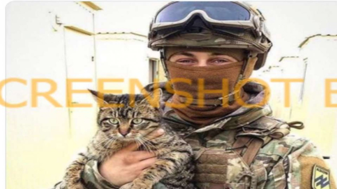 Tangkapan layar (screenshot) satu akun Twitter yang mengunggah cuitan berupa foto seekor kucing bersama seorang tentara dengan klaim bahwa si kucing mengungkap empat lokasi empat penembak jitu Rusia.