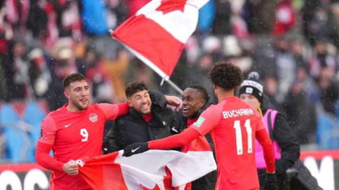 Pemain Timnas Kanada rayakan keberhasilan lolos ke Piala Dunia 2022.